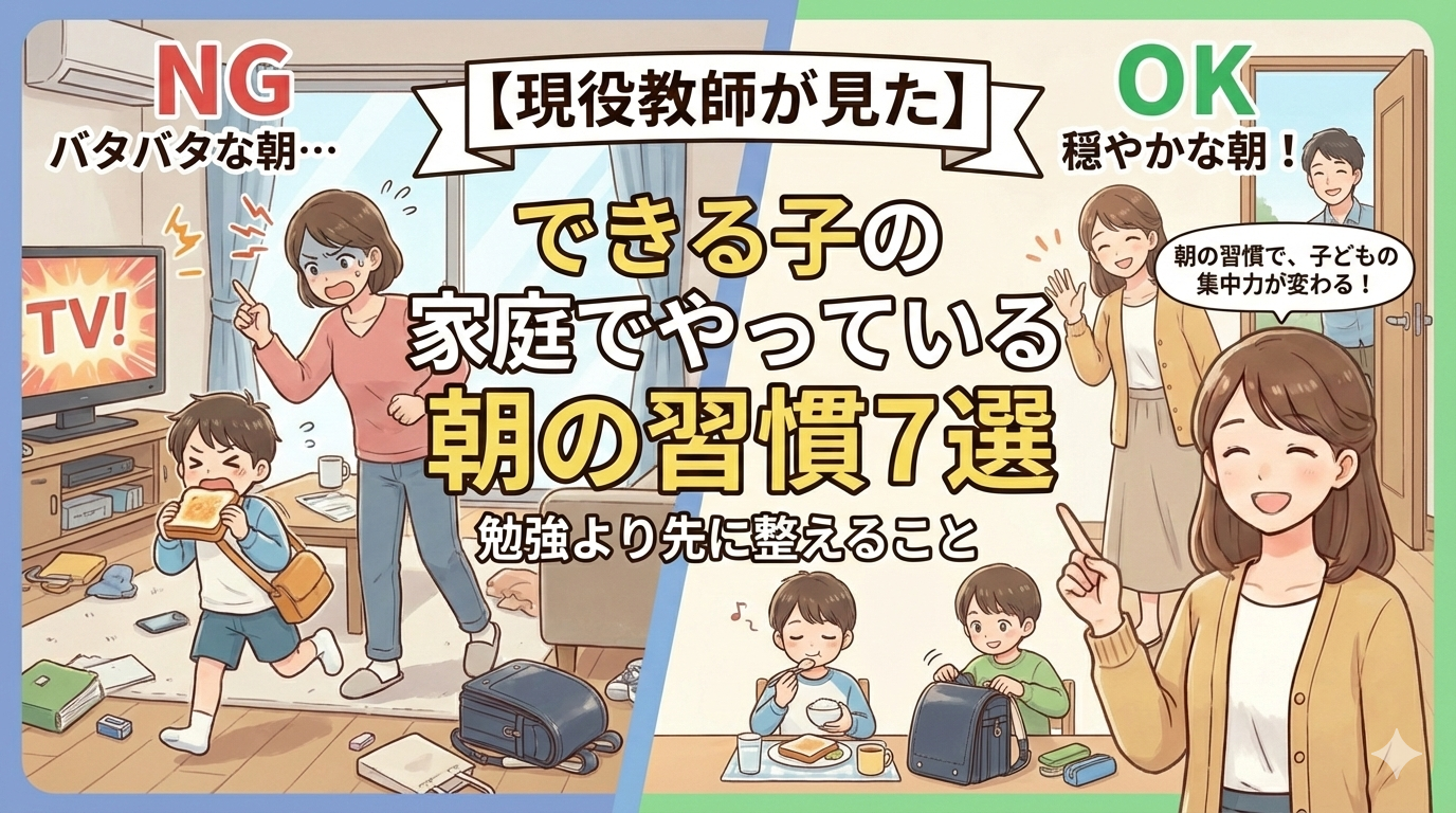 できる子の家庭で行われている朝の習慣を解説するイメージ