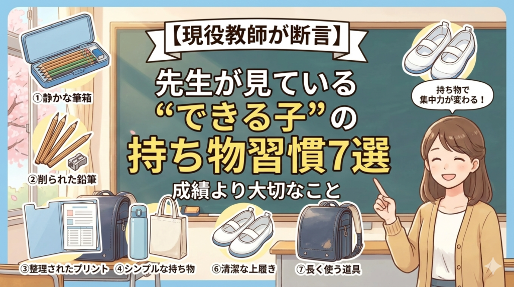 先生が見ているできる子の持ち物習慣を解説するイメージ