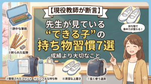 先生が見ているできる子の持ち物習慣を解説するイメージ