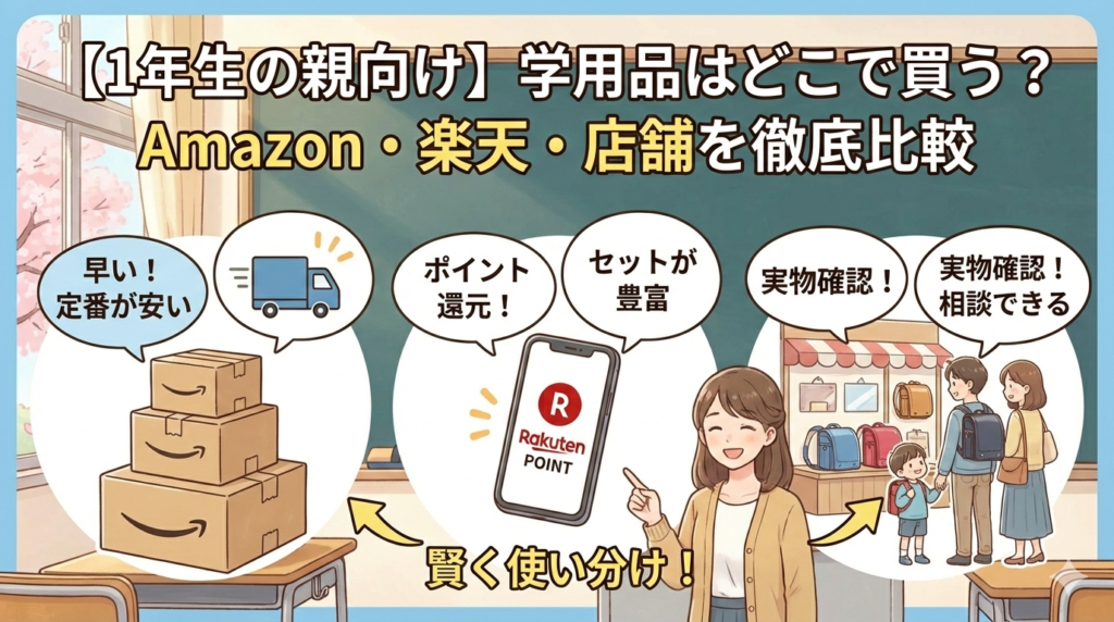 学用品はどこで買うのが良いかを説明する画像
