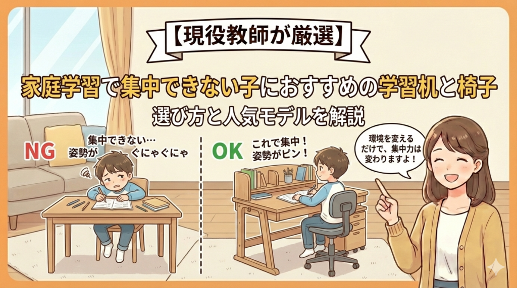 家庭学習で集中しやすい学習机と椅子の例