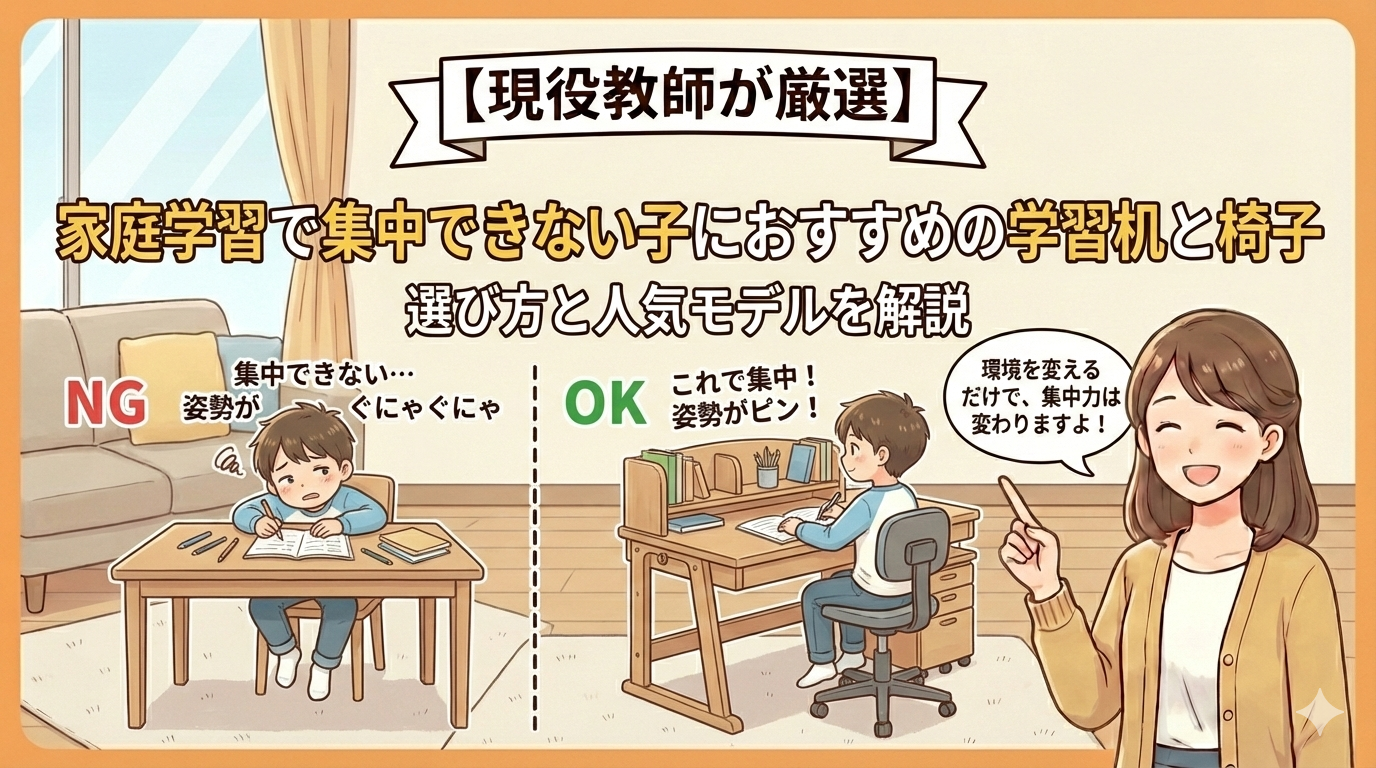 家庭学習で集中しやすい学習机と椅子の例